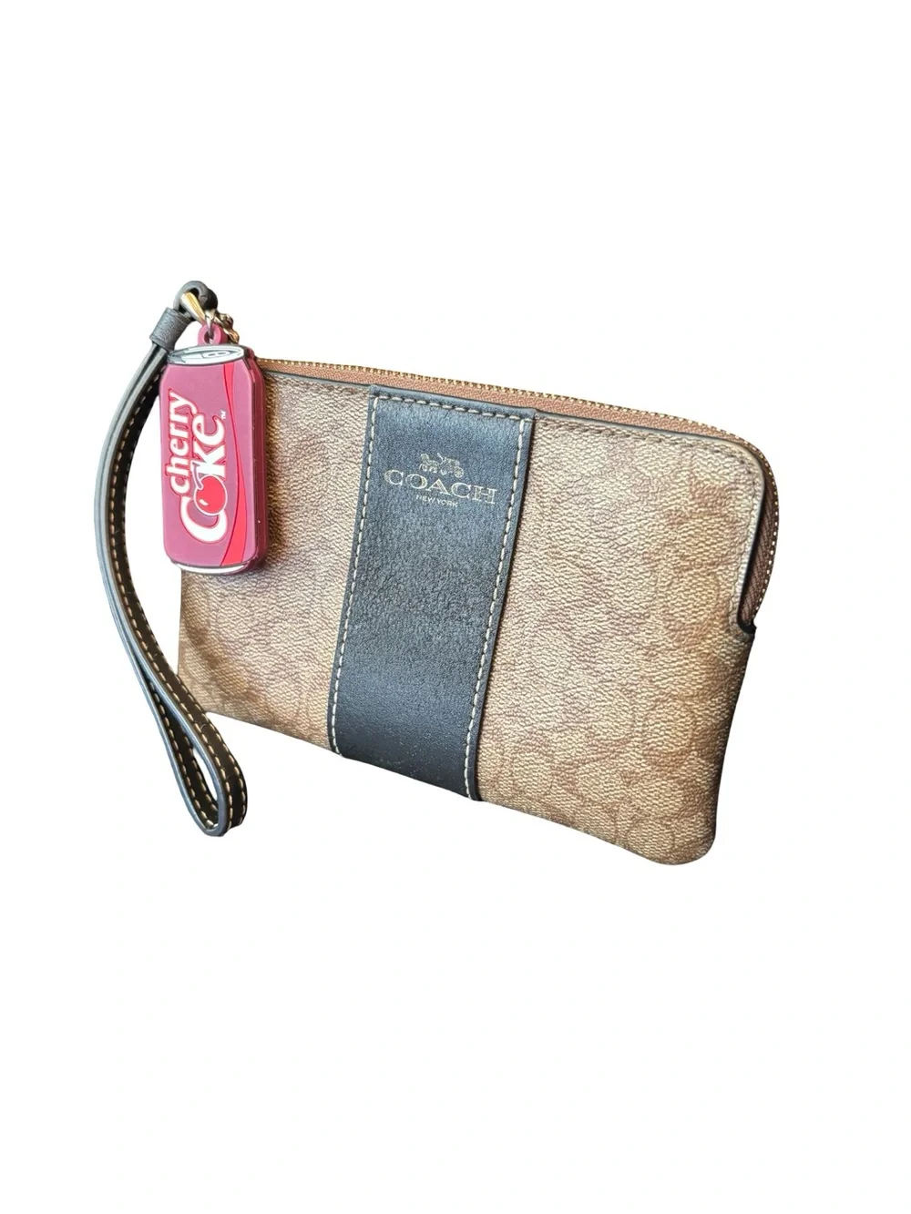 Coach Tan Signature Canvas Wristlet with Black Center Stripe